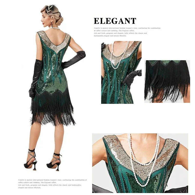 Vintage 1920s Flapper con scollo a v abito con doppia nappa Great Gatsby Costume Cosplay Cocktail Party Charleston Dance abito con paillettes