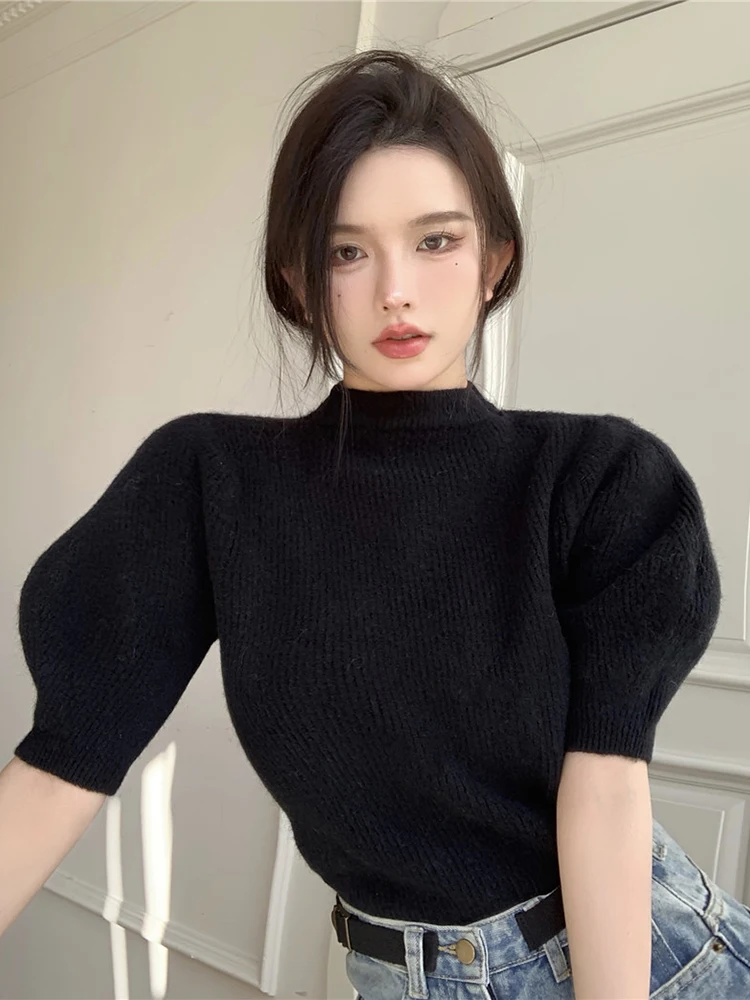 New Fashion Puff Short Sleeve Turtleneck Pullover Top Chic 2023 Spring Solid Pullovers Korean Women Knitted Sweaters