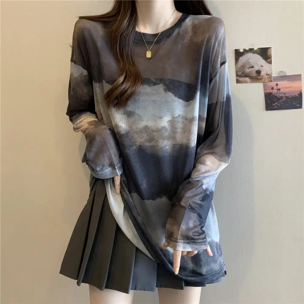 

Thin Ice Silk Long-sleeved Sunscreen Blouse for Women in Summer Large Size Loose Slimming Medium-length Tie-dye Mesh Top