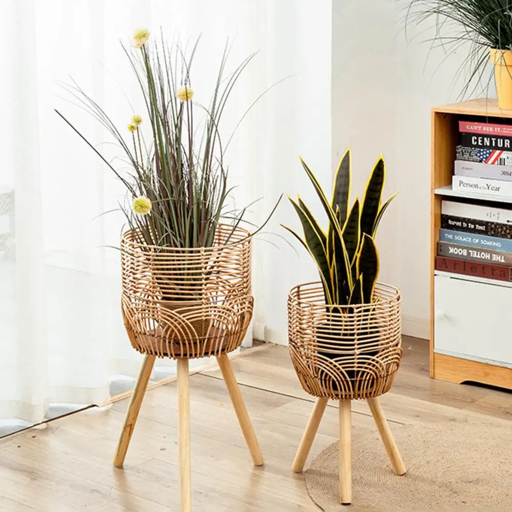 Flower Shelf Imitation Rattan Flower Stand Hollow Out Boho Plant Stand Basket Bamboo Woven Planter Basket with Removable Legs