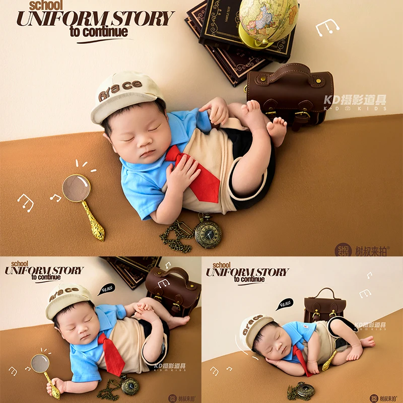 Little Explorer Newborn Photography Costume Boy Gentleman Outfit Hat Necktie Suit Baby Monthly Milestone Shooting Clothing Props