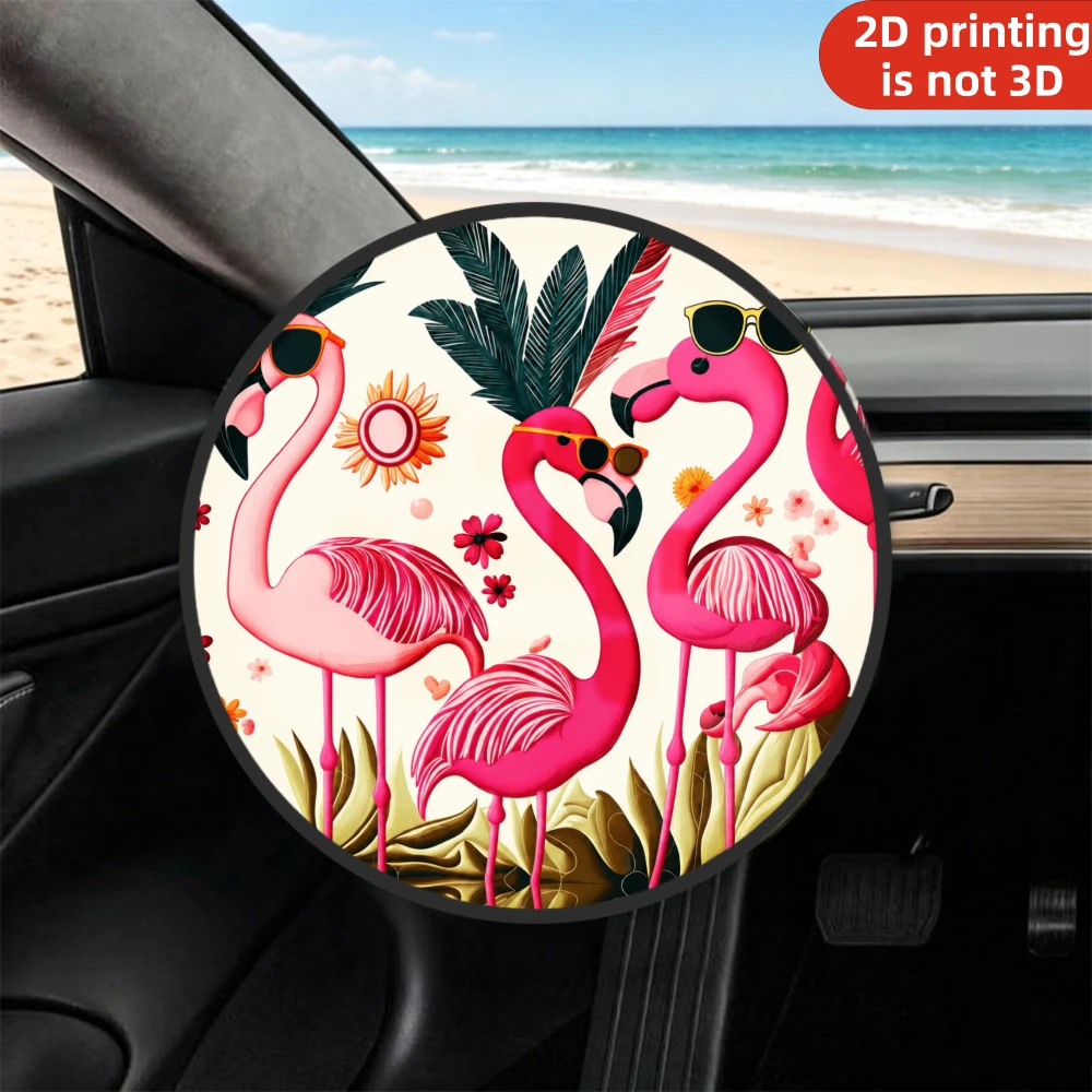 1pc Sunshade Steering Wheel Cover, 2D Flat Printing Pink Flamingos Wearing Sunglasses With Tropical Leaves And Flowers, Sunshade