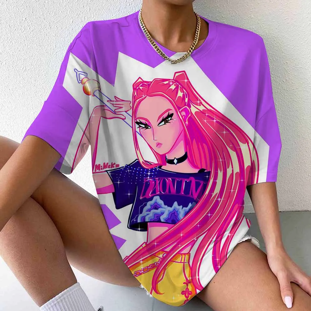 

Женская летняя футболка большого размера KPop «Охотники на демонов» с принтом персонажей мультфильмов для Y2k, верхняя уличная одежда для вечеринок, повседневных повседневных видов