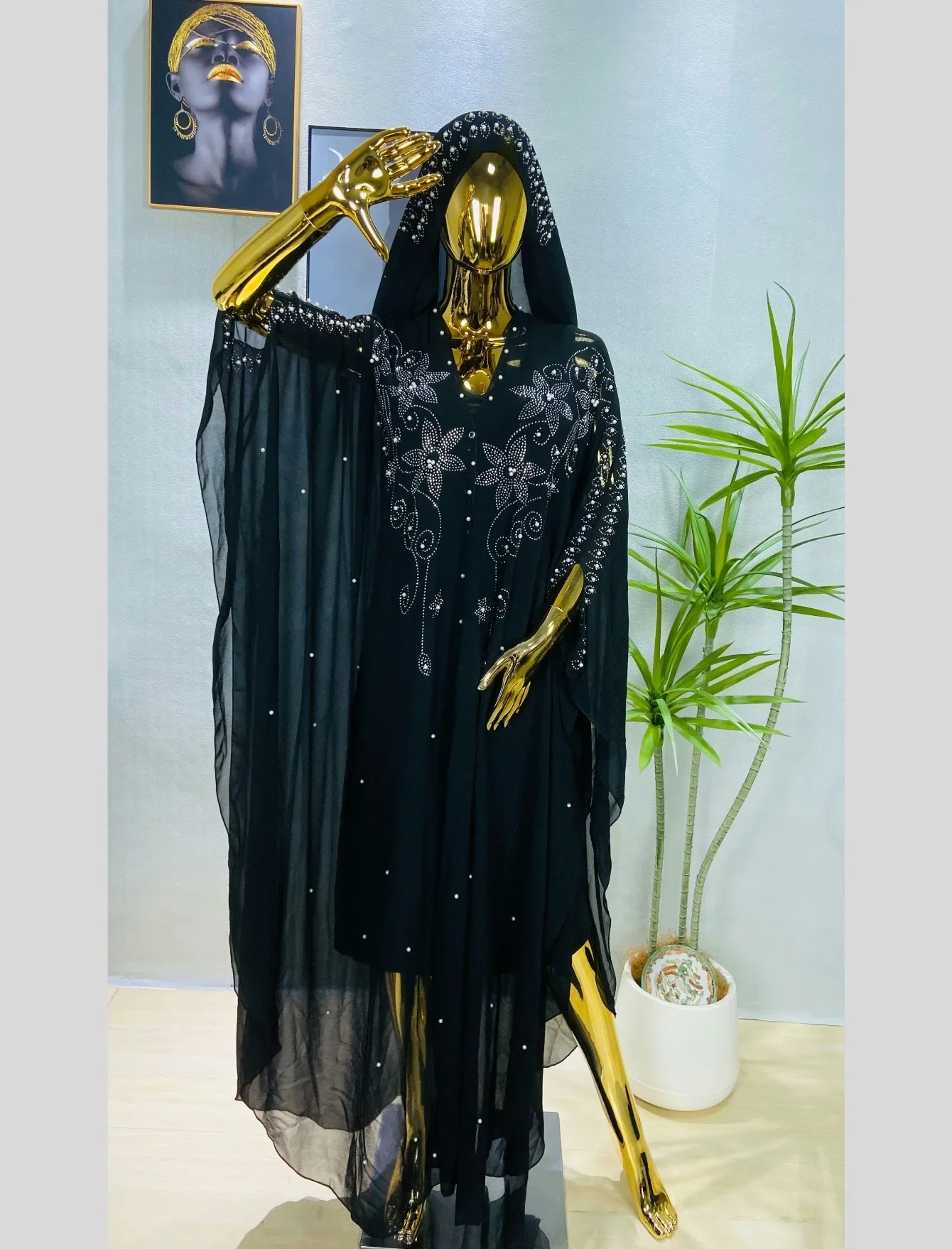 

Dubai Abaya Dress for Women Muslim Chiffon Maxi Kaftan Dress African Evening Dresses Kimono Robe Islam Clothing Beads Luxury