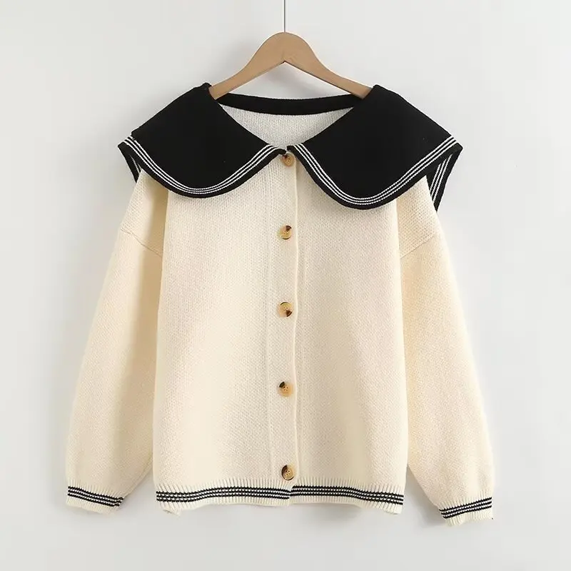 Cárdigan de punto con cuello de marinero para mujer, suéter a rayas de colores contrastantes, chaqueta, abrigo tejido informal francés a la moda para primavera y otoño