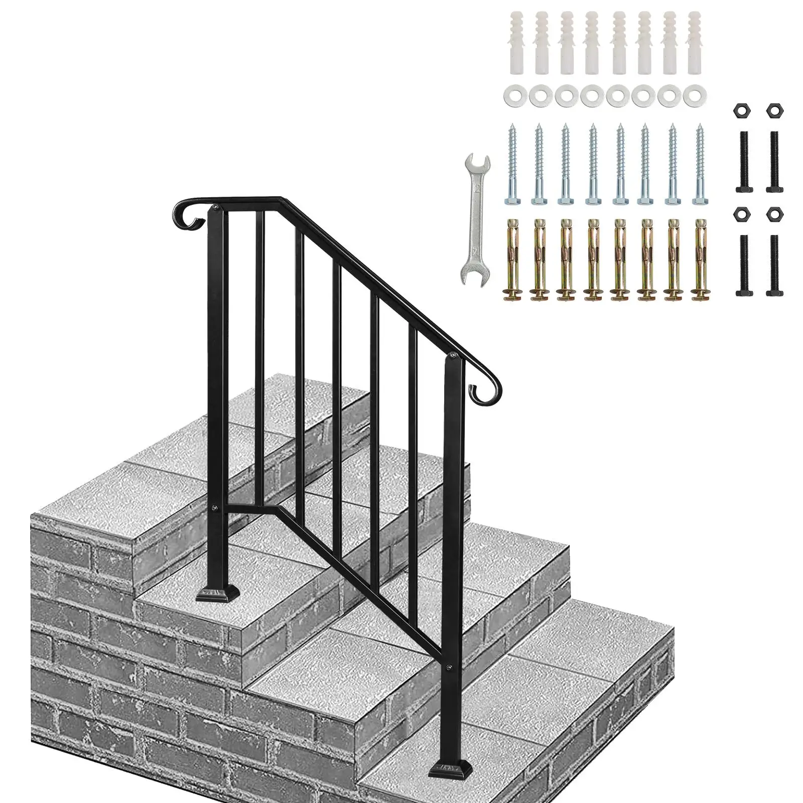 Artisasset Matte Black Iron 2-Step Outdoor Handrail - Stylish & Durable Safety Solution