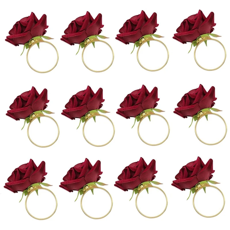 Promotion! 12 PCS Red Rose Shape Towel Buckle Napkin Ring Wedding Party Valentine'S Day Hotel Table Decor Metal Gold Napkin Hold