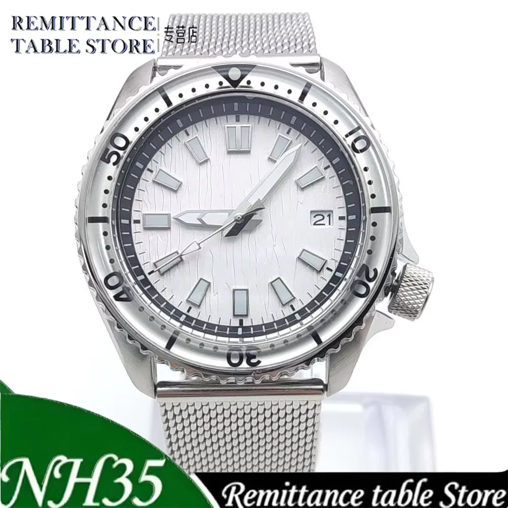 New Parnsrpe NH35 Automatic Mechanical Watch Men Sport White Textured Dial Date Luminous 41mm Stainless Steel Daily