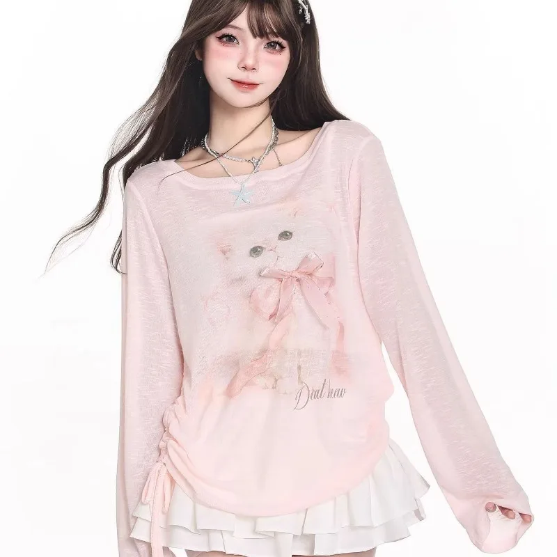 

Sweet Cat Print Long-Sleeve T-Shirt Cover-up Women Summer Loose Pink Shirts Casual Y2k Top Aesthetics Clothes Sun Protection Top