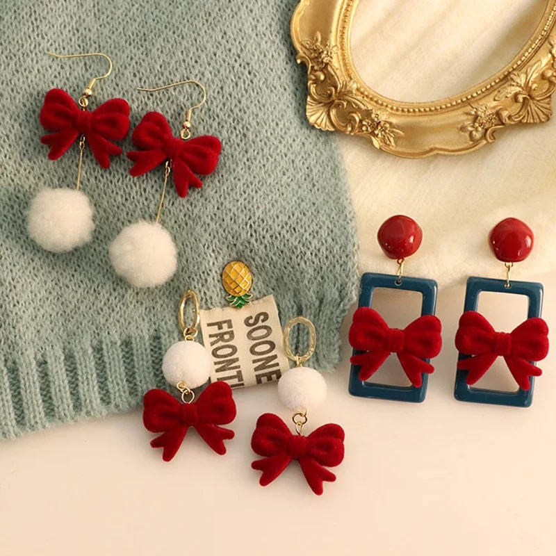 KADRUFI Women New Year Christmas Wine Red Velvet Bow Earrings Korean Fashion Girls White Plush Ball Dangle Earring Jewelry Gift