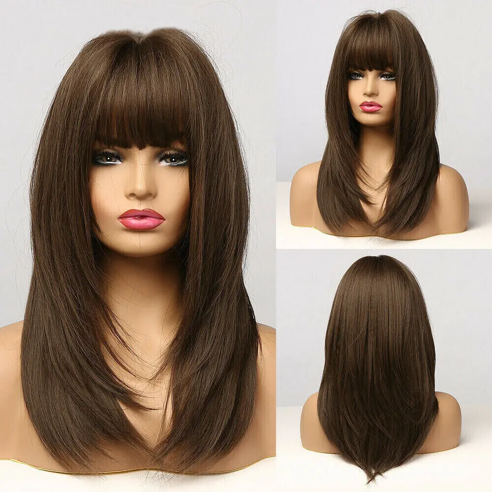 

New Women's Long Brown Straight Full Capless Wigs 24 Inch