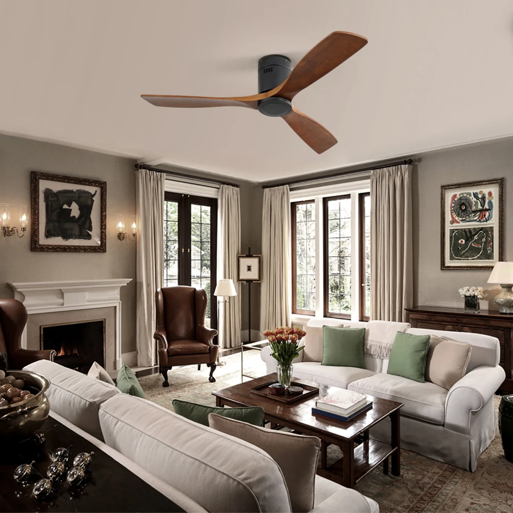 

52 Inch Low Profile Ceiling Fan DC 3 Carved Wood Fan Blade Noiseless Reversible Motor Remote Control Without Light