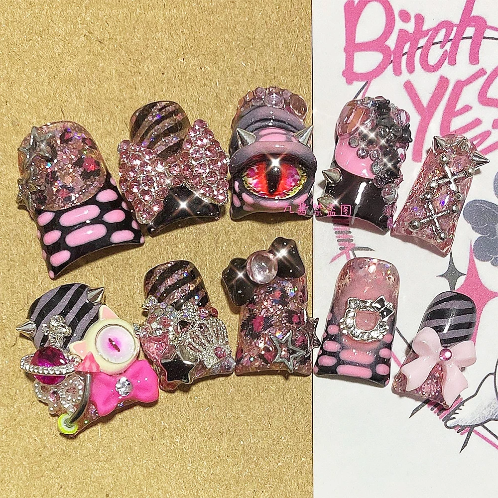 Y2K Press On Nails Exploding Rhinestones Hand-Painted Three-Dimensional Devil's Eyes Embossed Duckbill Nail Art Press On Nails