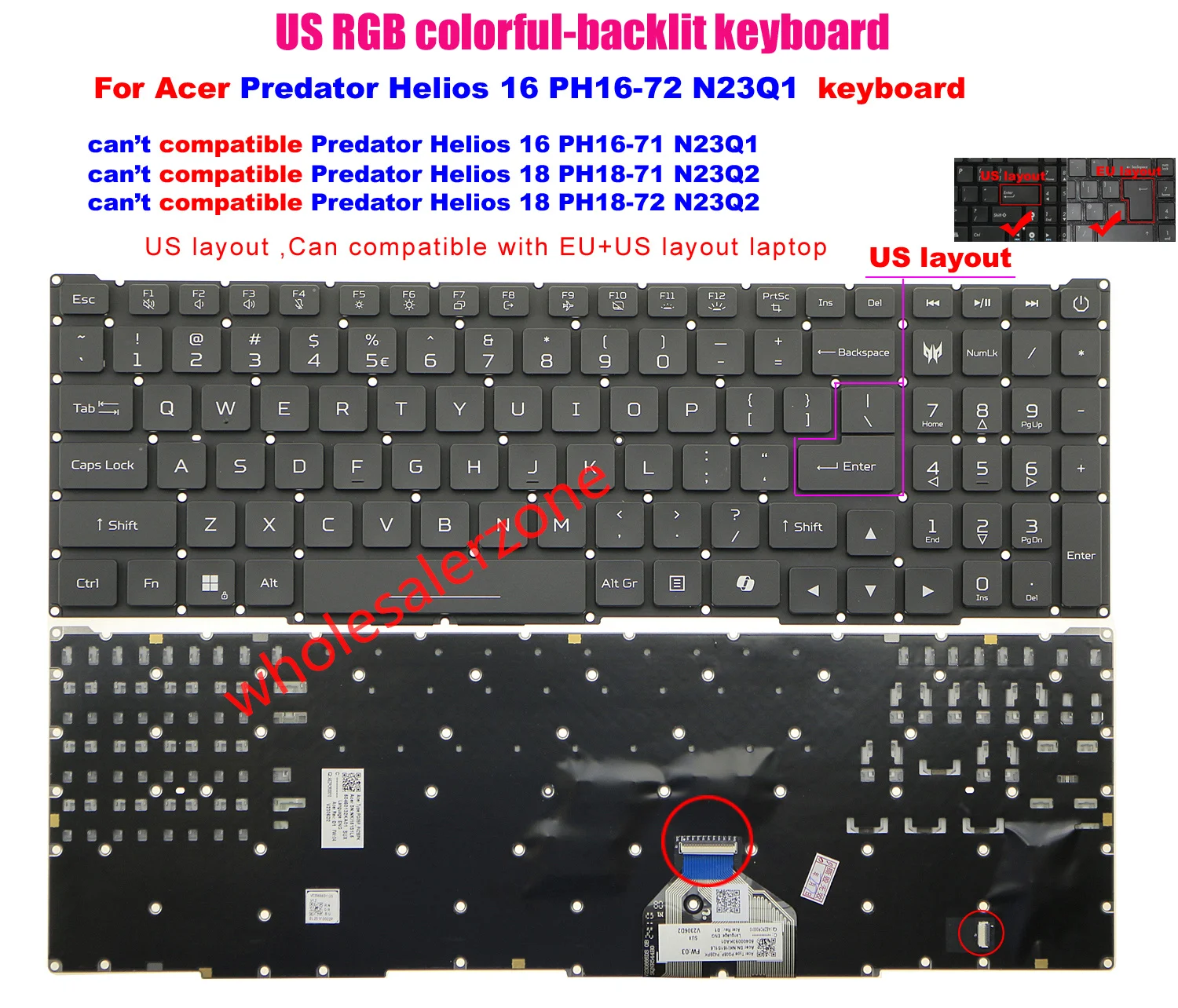 New US RGB colorful backlit Keyboard for Acer Helios 16 PH16-72 94UE 97YG N23Q1 series laptop