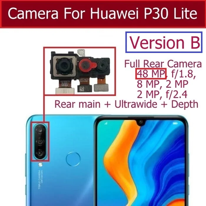 

Передняя Задняя Основная камера для Huawei P30 Lite 24MP 48MP маленькая фронтальная задняя основная большая камера модуль запасные части