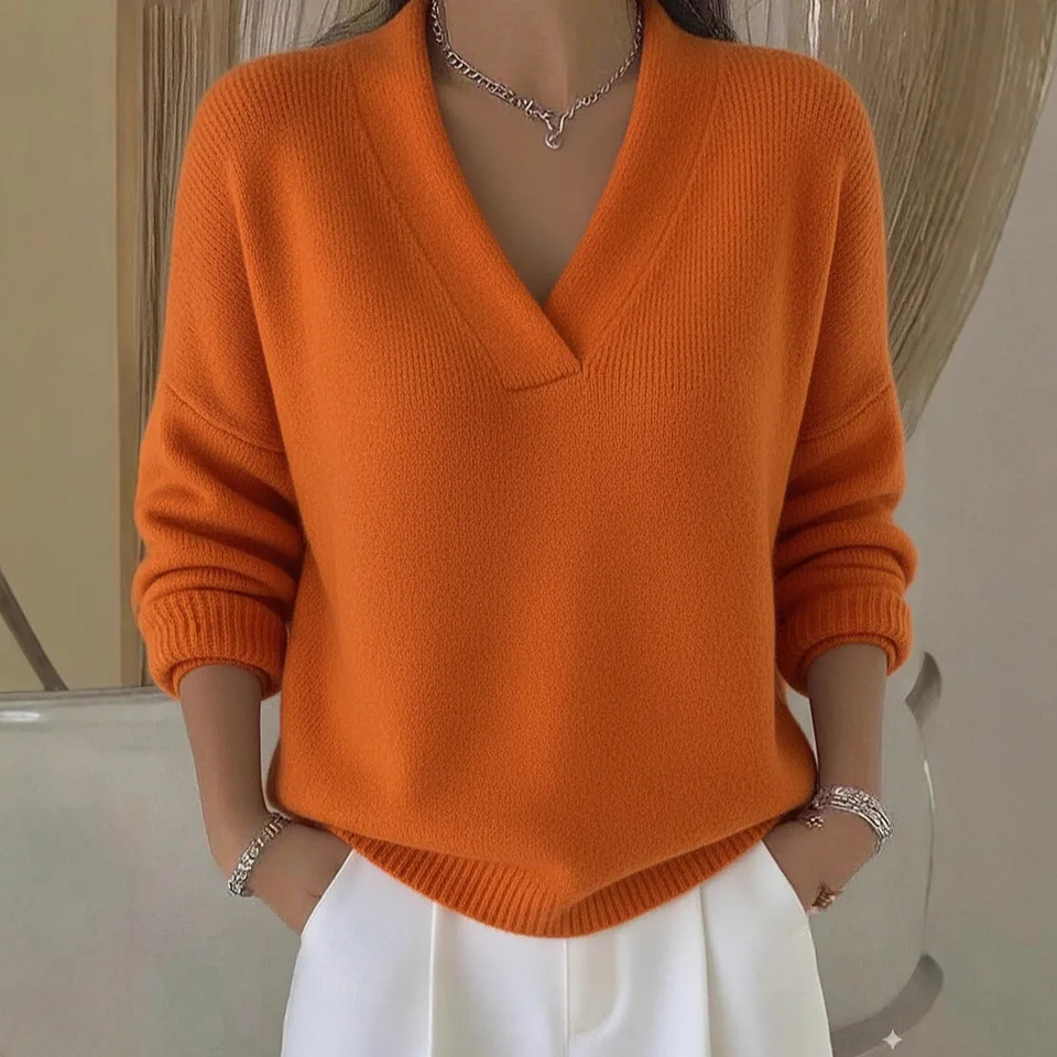 2025 جديد خريف شتاء جديد عادية بلون الخامس الرقبة محبوك سترة للنساء فضفاض التخسيس بلوفر مغزول البلوزات #3