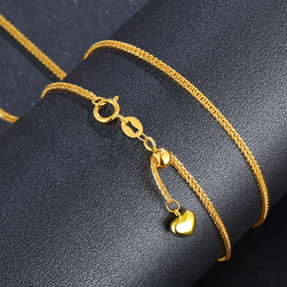 

Pure 18k Yellow Gold Chain Women Lucky 1.3mm Wheat Adjustable Heart Necklace 40-60cm