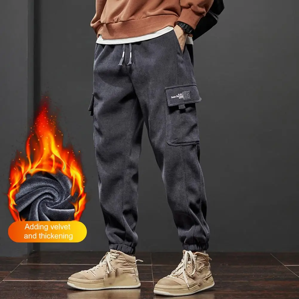 Autumn/Winter men's overalls elastic lace-up elastic waist plus size jogging pants thick solid color pocket fitness street pants