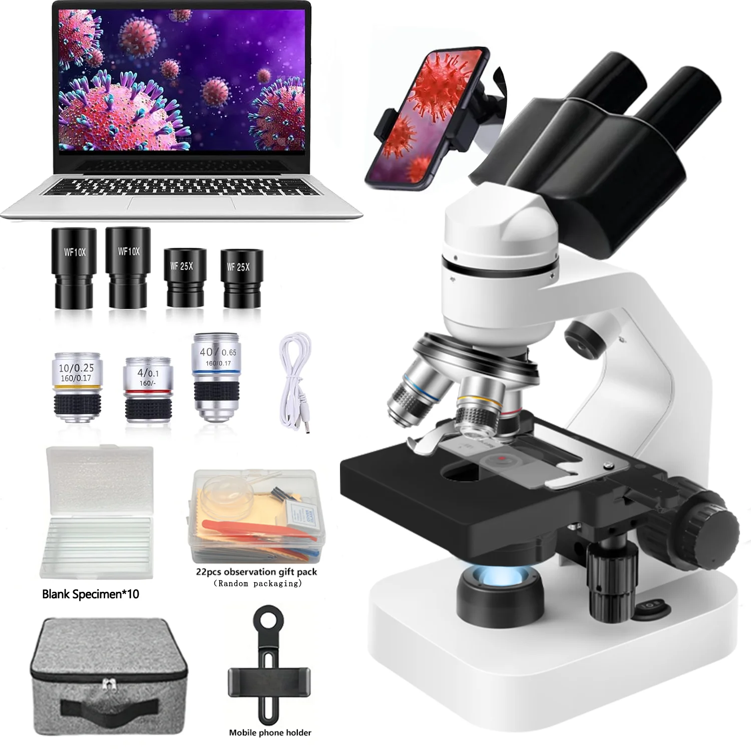 

Composite binocular microscope 40X-2000X HD biological laboratory metal microscope observation science education kit LED slides