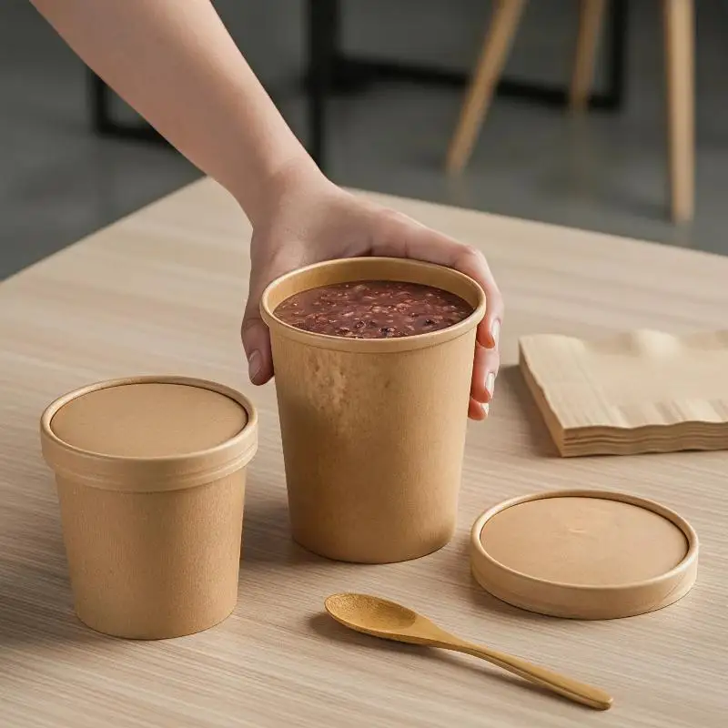 Disposable Kraft Paper Soup Containers 10Pcs Biodegradable Oil Resistant Food Cups for Restaurant Takeaway Home Use