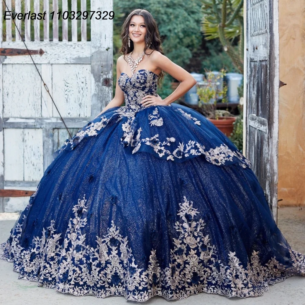 Evlast Marineblauwe Quinceanera Jurk Baljurk Gouden Kanten Applique Kralen Gelaagd Korset Sweet 16 Vestidos De Xv 15 Anos Tqd637