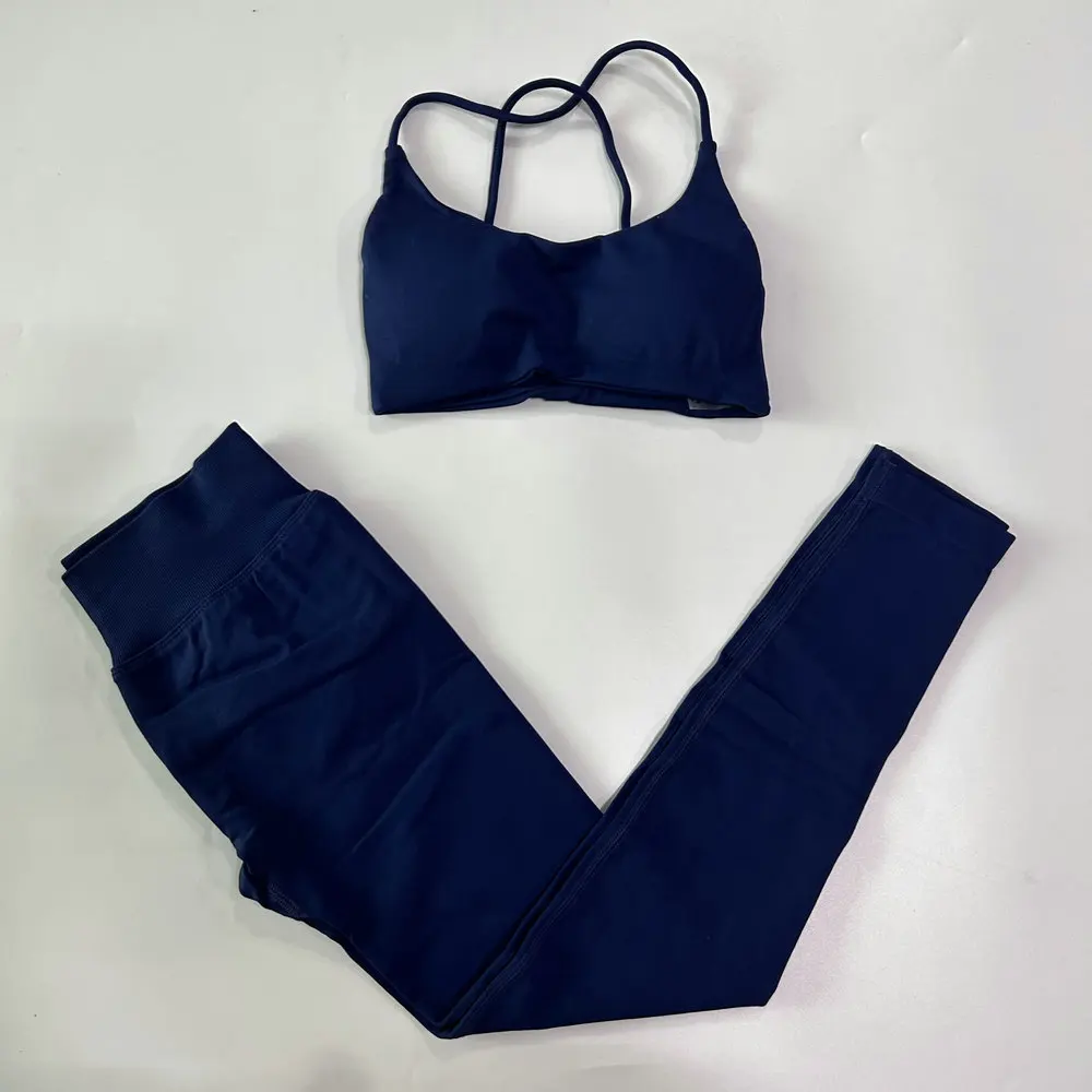 2-teiliges Sport-Set für Damen, nahtloser Yoga-BH mit Riemchen am Rücken, mittlerer Halt, Yoga-Leggings mit hoher Taille, Scrunch-Gym-Hose, Fitness-Strumpfhose – Detail 14