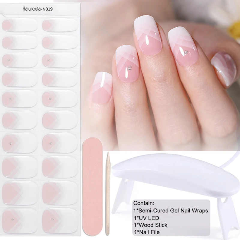 Harunouta 1 Set Semi Cured Gel Nail Wraps with Nail Dryer Opal Jelly UV Nail Sticker Long-Lasting Solid Nail Wraps Sticker Kit