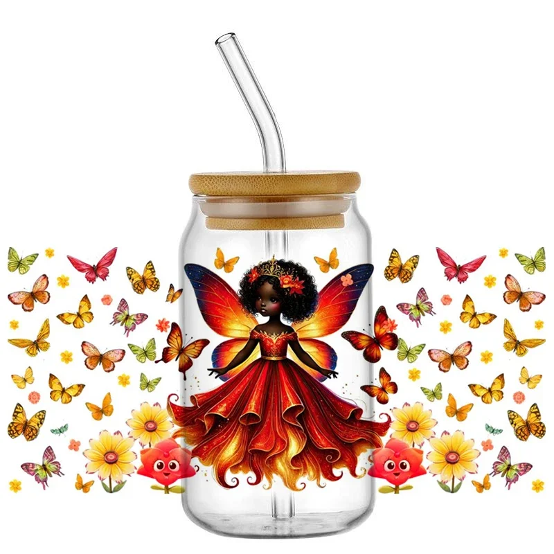 

2025 Miniso Black Girl Butterfly Pattern UV DTF Sticker 16oz Libbey Glass Cup Wrap Transfer Sticker DIY Craft Gift Sticker
