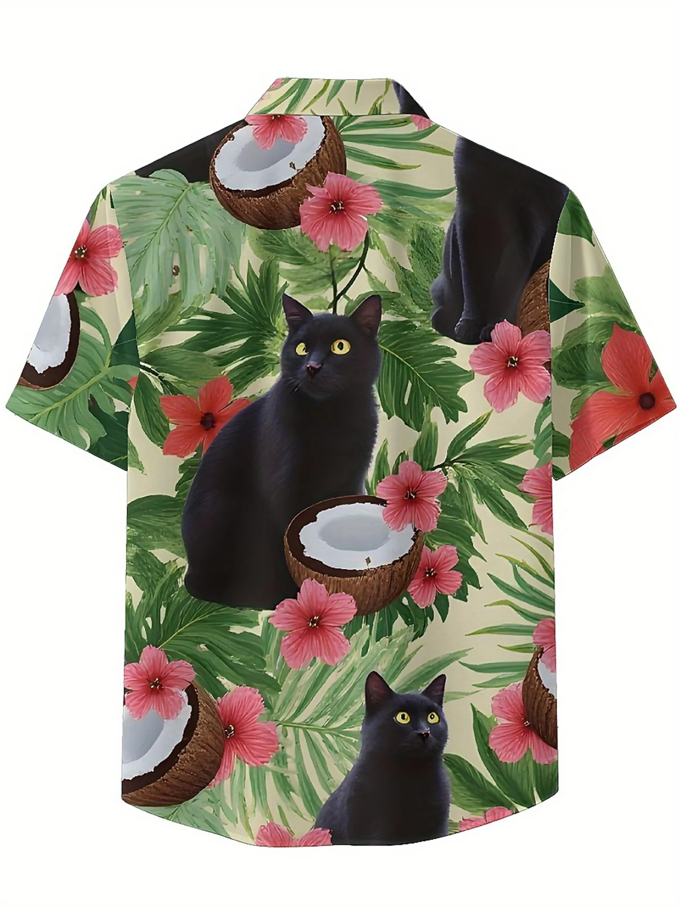 ชายเสื้อฮาวายขนาดบวก Tropical Black Cat มะพร้าวดอกไม้รูปแบบ,เสื้อแฟชั่นฤดูร้อนใหม่,Hip Hop Streetwear