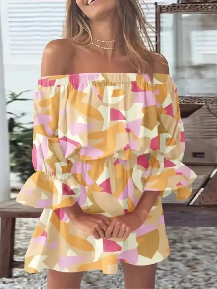 Off-shoulder mini-jurk met bloemenprint voor dames - Boho-casual jurk met ruches en klokmouwen voor zomerstrandfeest - afbeelding 2