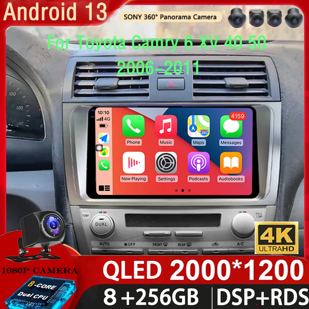 Android 13 For Toyota Camry 6 XV 40 50 2006-2011 2K QLED Android Car Radio Multimedia Video Player GPS Stereo CarPlay Head Unit