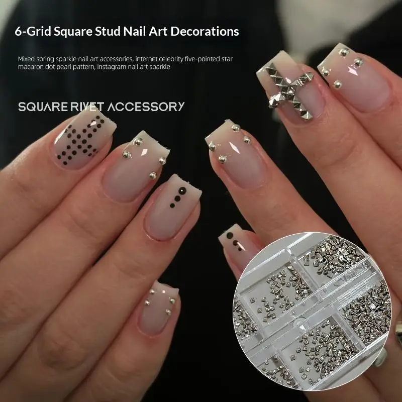 6 Grids Gold Silver Dark Grey 3 Color Square Pyramid Nail Rivets 3D Metal Spike Studs Gothic Punk Nail Art Accessories For DIY