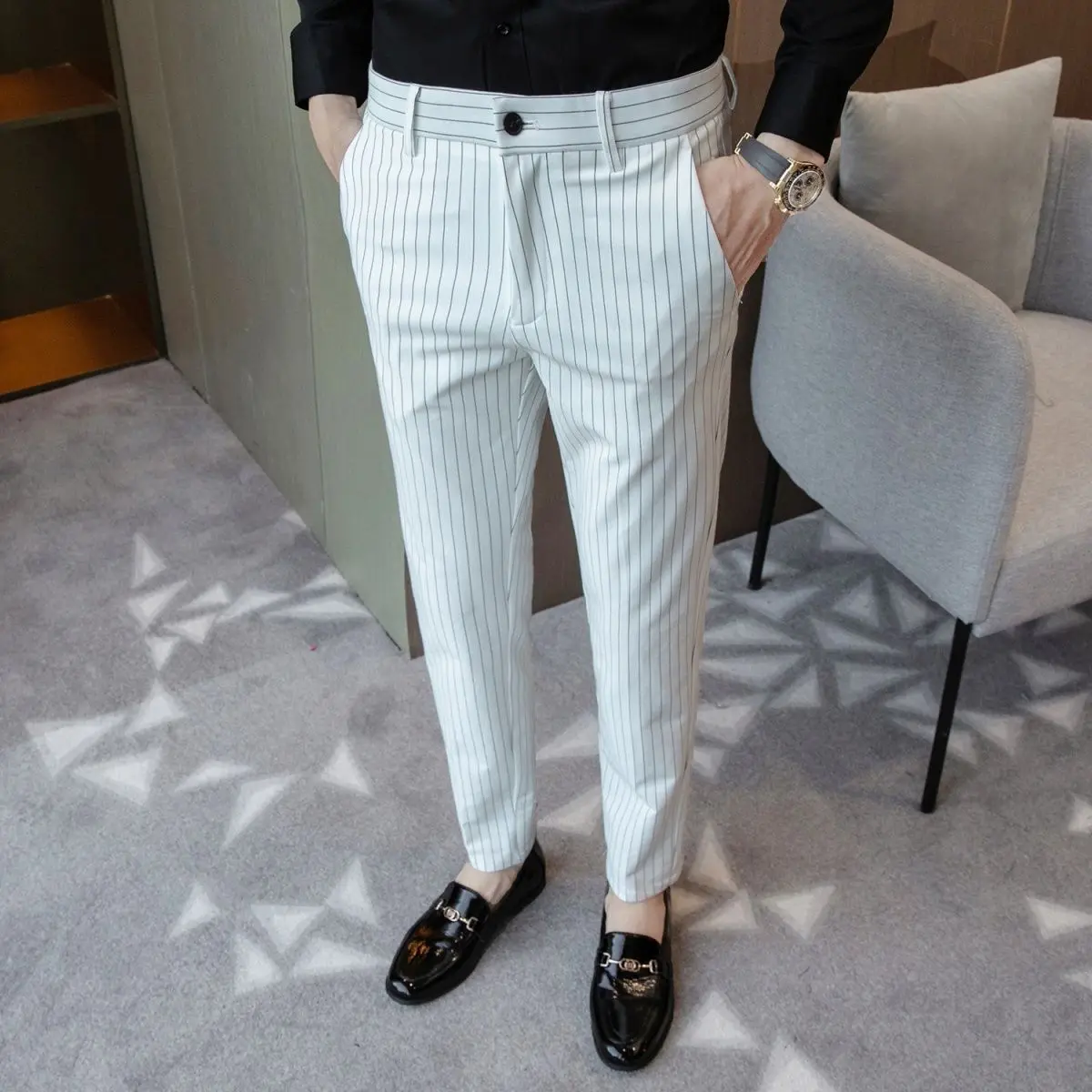 Cooling Men\'s Summer Pants Ice Silk Social Tailoring Business Striped Male Suit Trousers Up Designer Clothes High Quality Formal