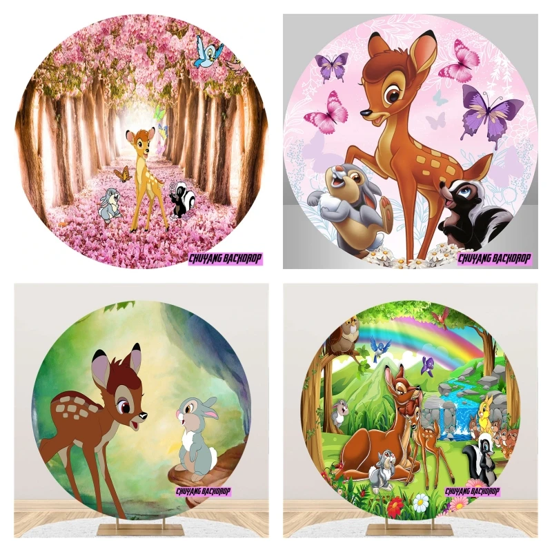 Disney Bambi Deer Rabbit Pink Butterfly Round Circle Backdrops Photography Baby Shower Girls Birthday Party Backgrounds Banner