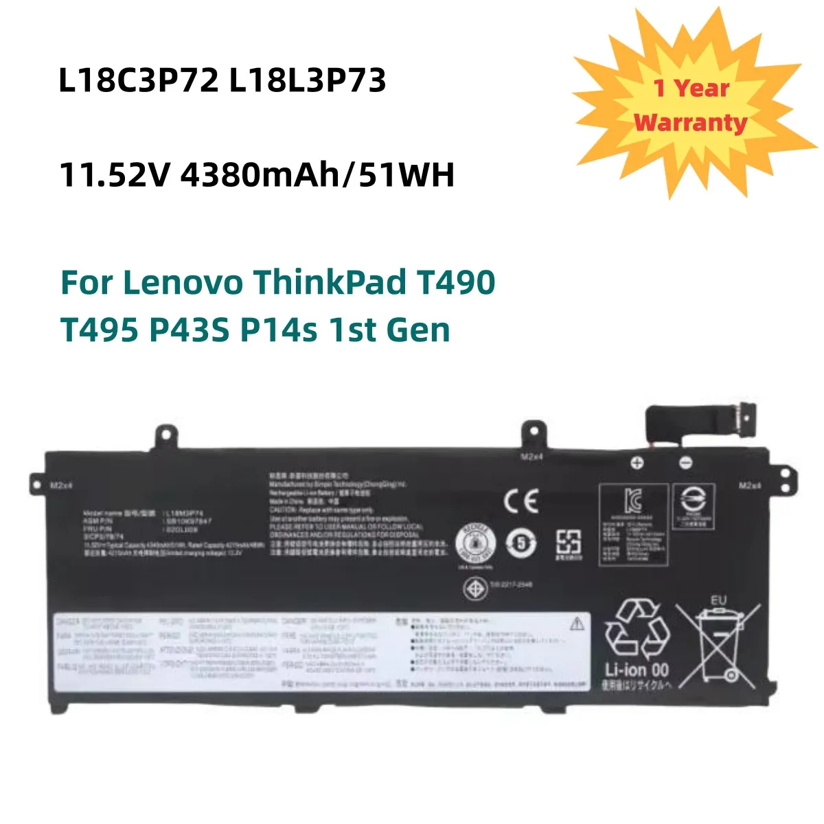 

New 11.52V 51WH L18C3P72 Battery For Lenovo ThinkPad T490 T495 P43S P14s 1st Gen L18C3P71 L18L3P73 L18M3P74 L18M4P73 L18M4P74