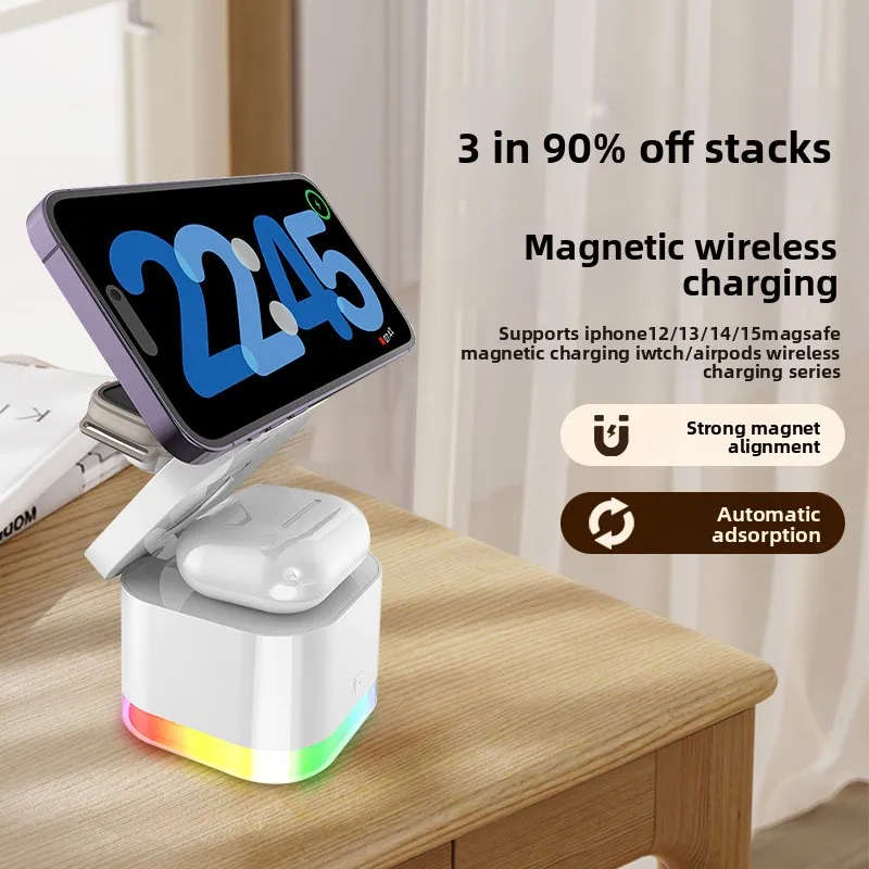 

5in1 15W Built-in Cord Wireless Charger Foldable Magnetic Phone Stand with Night Light