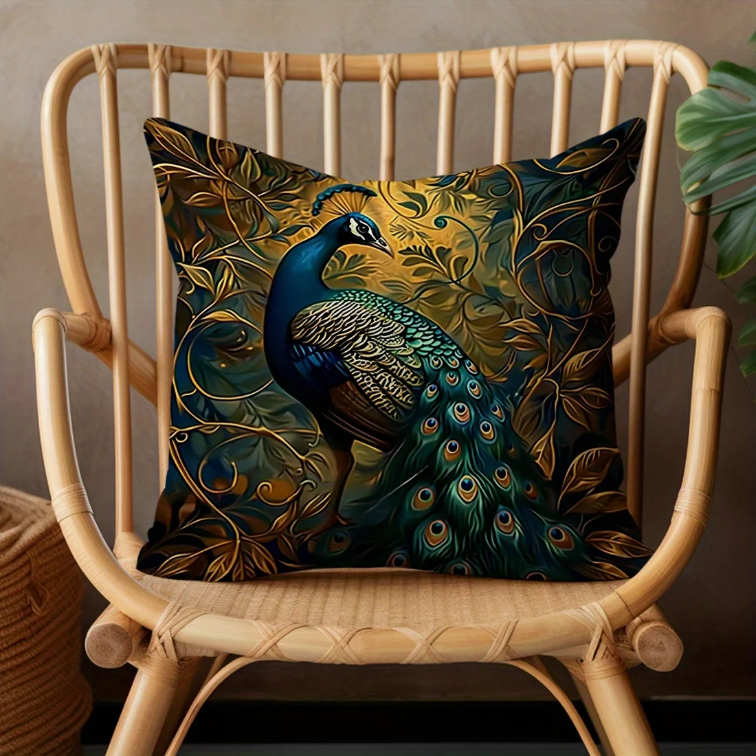 4-teiliges Vintage-Set mit Ölgemälde-Pfau-Motiv, einseitig bedrucktes Überwurfkissen, Sofabezug – Überwurf-Kissenbezug – Detail 9