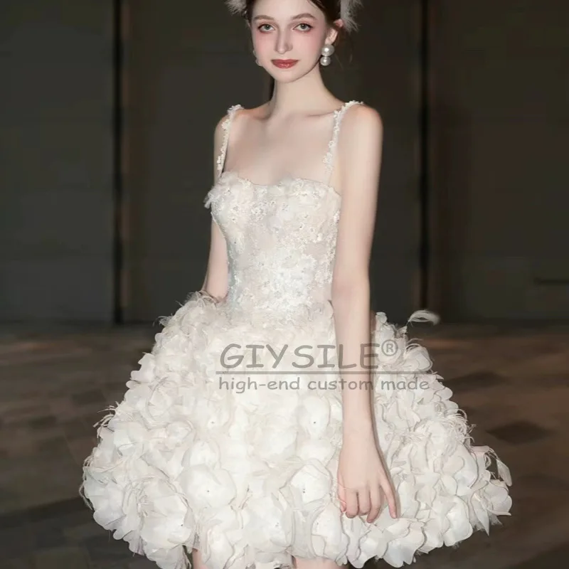 GIYSILE Gaun Prom Kustom Gaun Pengantin Ringan Tali Spaghetti 2025 Gaun Angsa Putih Bunga 3D Applique Tanpa Lengan Gaun Pengantin