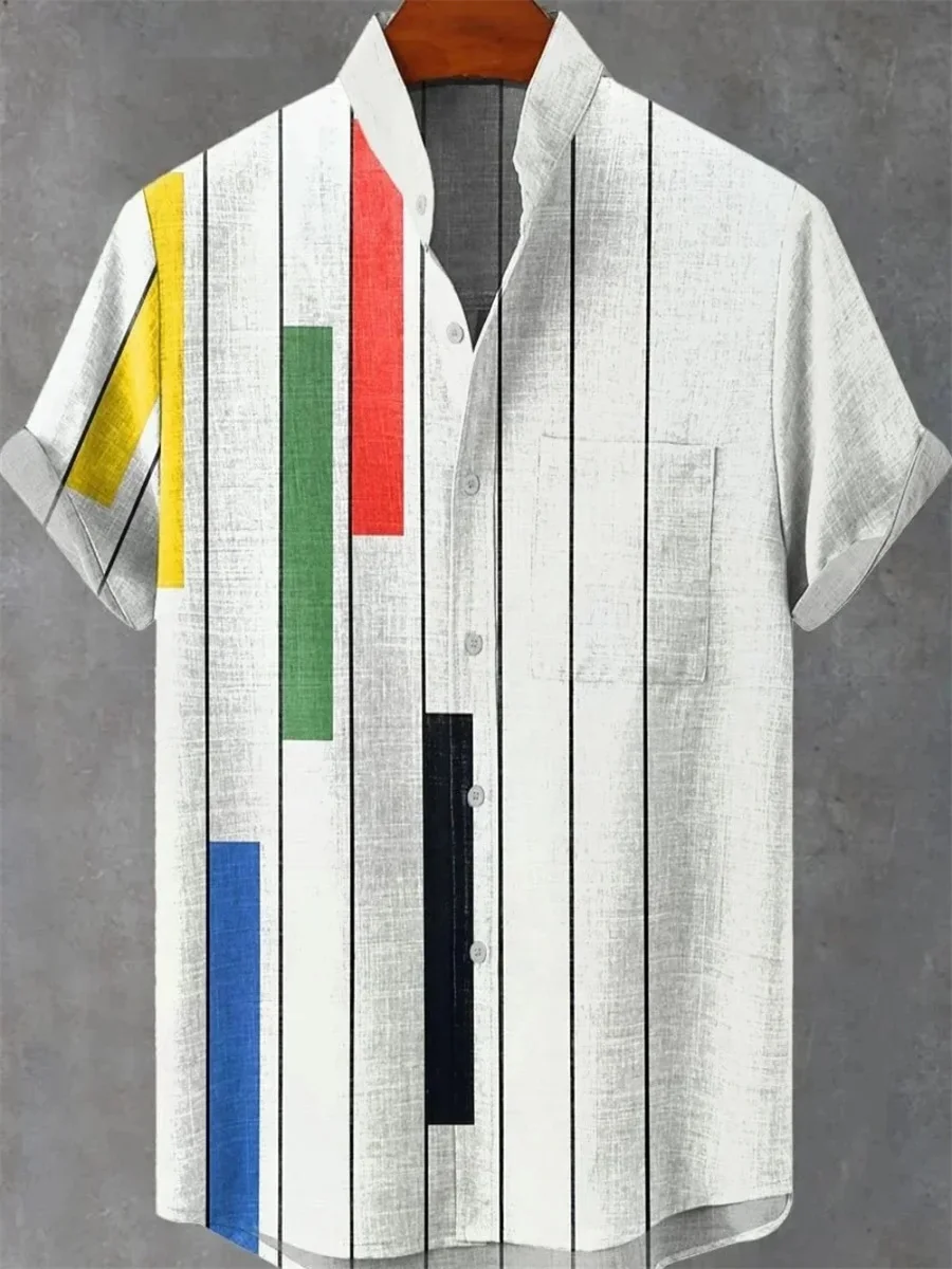 New Hawaiian shirt men's art print simple pattern high quality men's casual linen short sleeve stand collar shirt
