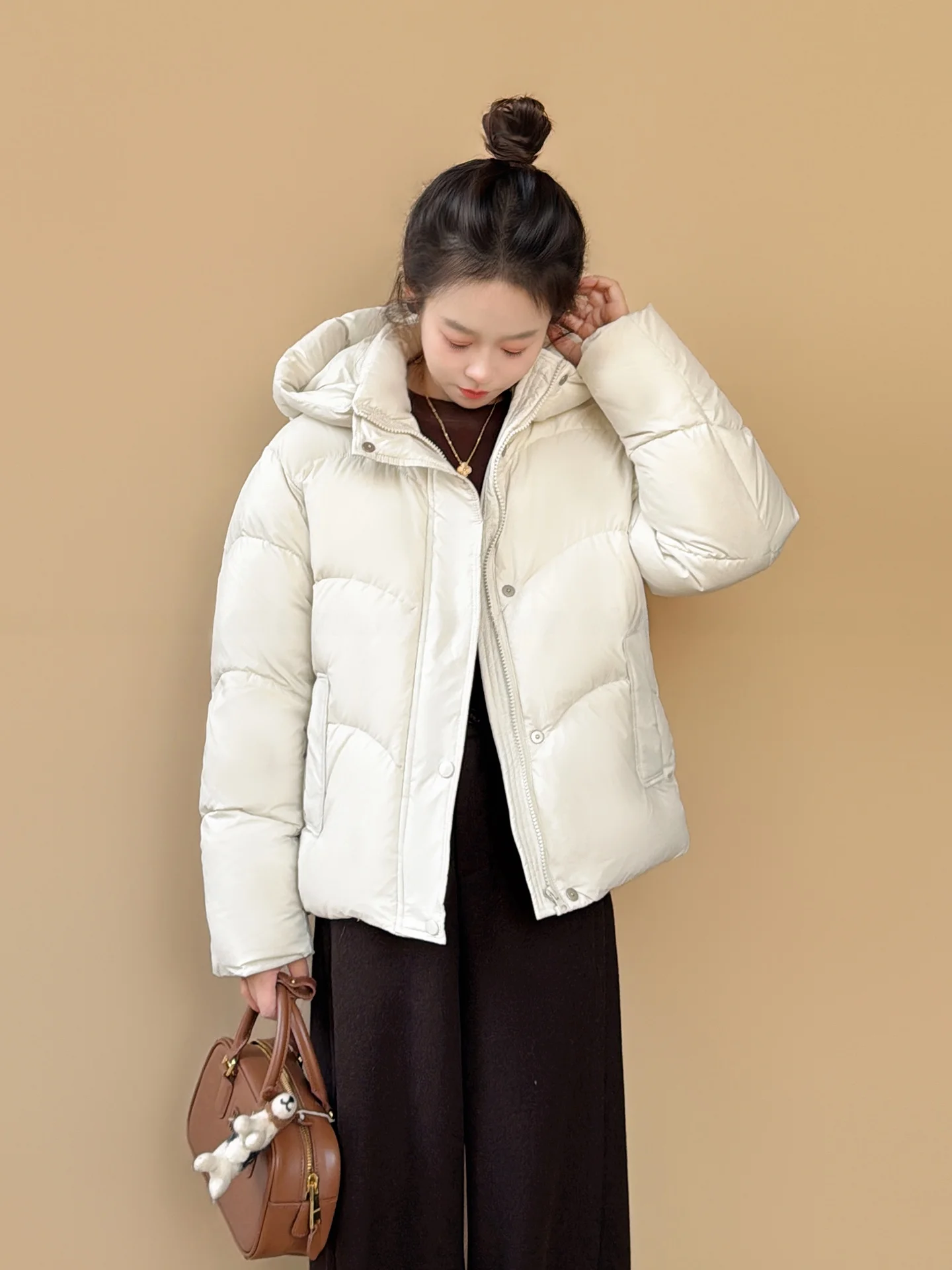 

Women's Hooded Duck down Jacket Warmth Bread Style Coat Korean Version Loose Fit Long Sleeve High Waist Zipper Closure