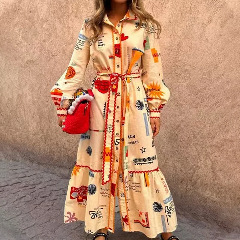 

Модное элегантное модное льняное платье 2025 года, ретро-рукав-фонарик, плиссированное платье с длинными рукавами и принтом, кардиган до щиколотки