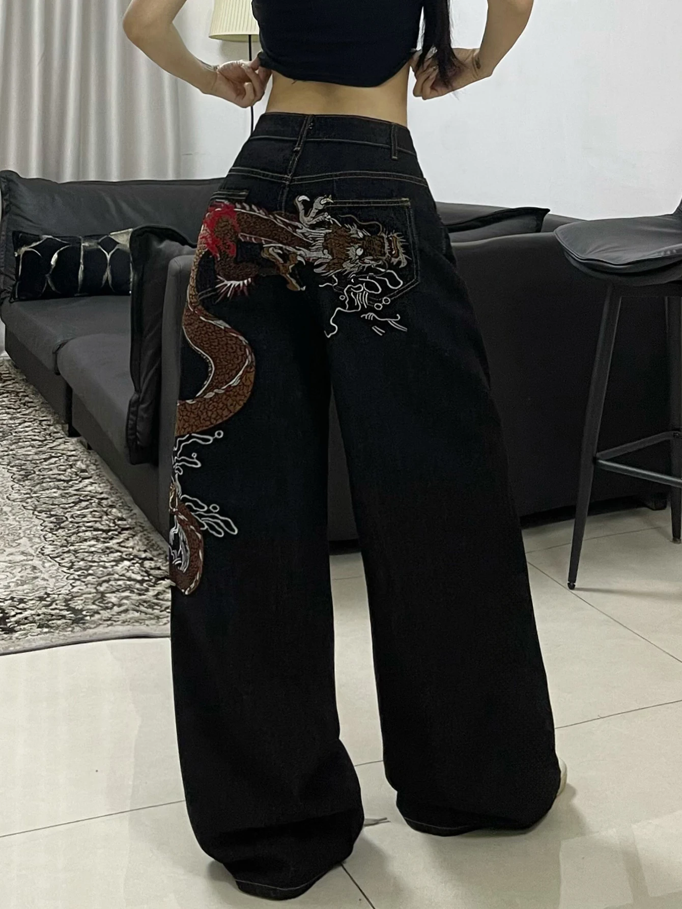1PC High Street Heavy Industry Dragon Pattern Embroidery Loose Jeans for Women, Retro Fashion Versatile Black Wide Leg Pants