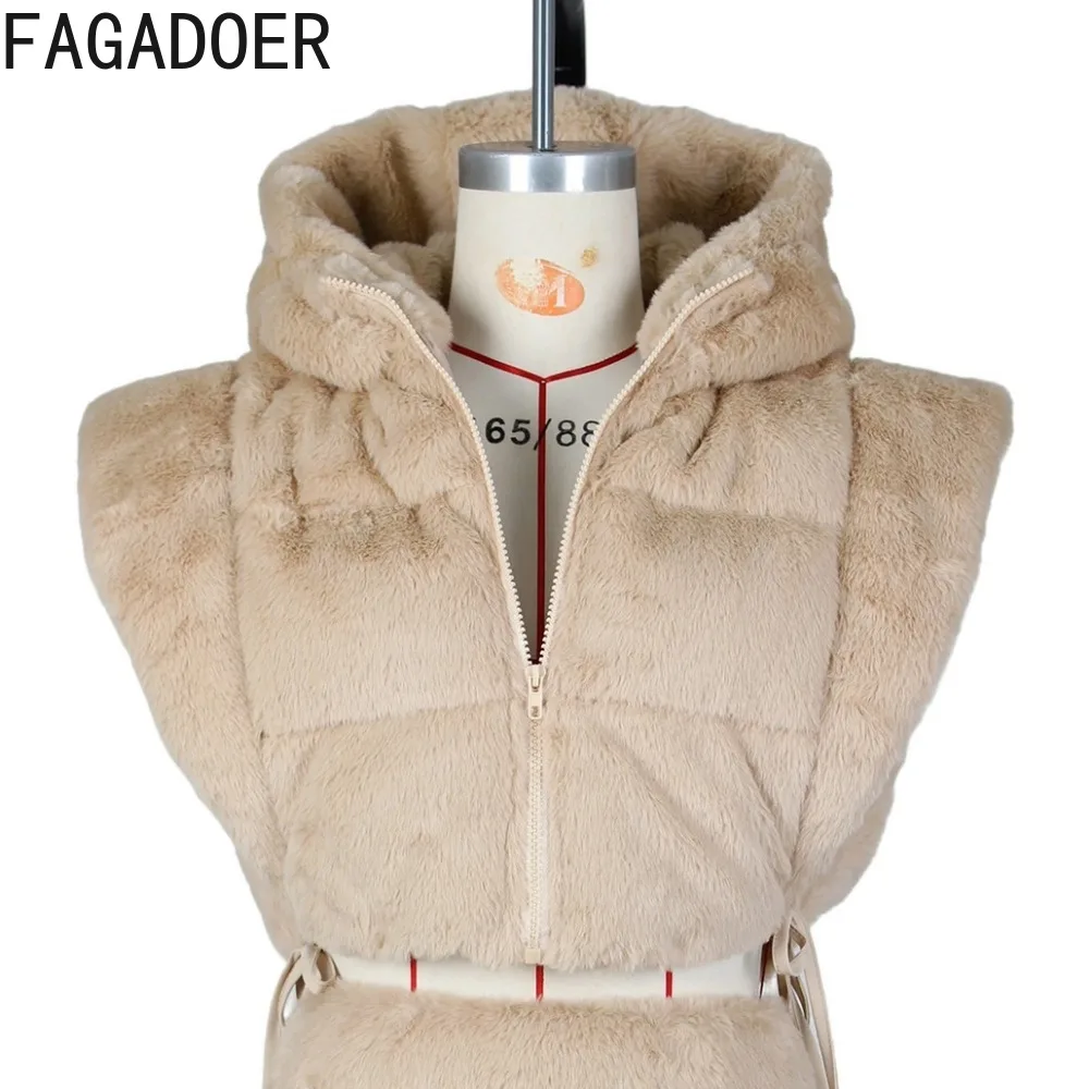 FAGADOER Winter Fur Hooded Thick Crop Jackets Women Zipper Sleeveless Hoody Coats Casual Female Solid Matching Tops Streetwear