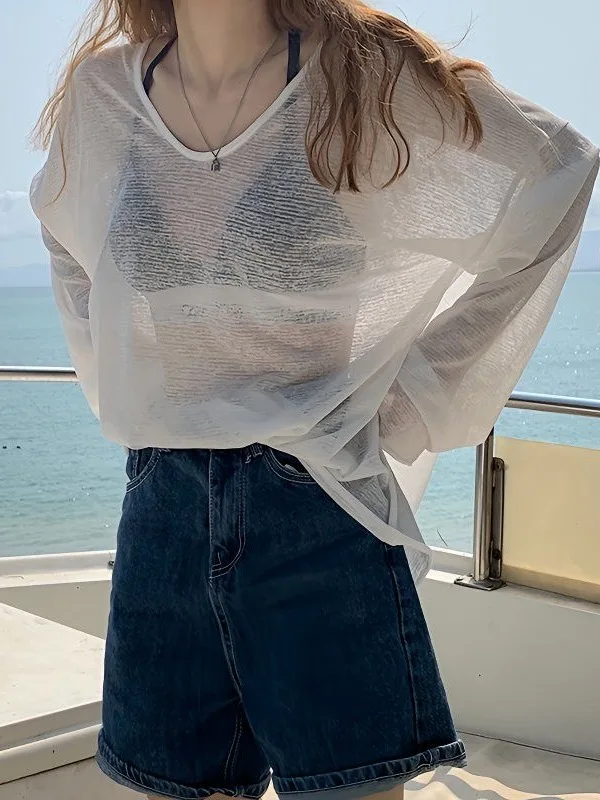 

Летняя прозрачная тонкая футболка из ледяного шелка с V-образным вырезом, уникальный дизайн в корейском стиле, для повседневной носки, большие размеры