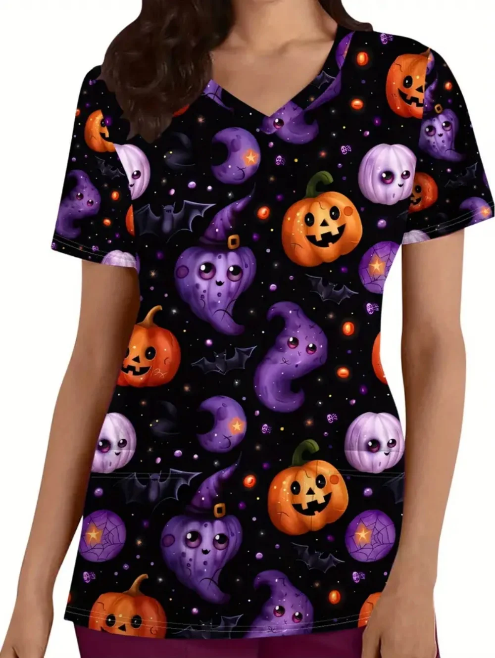 ชุดยูนิฟอร์มทางการแพทย์สำหรับผู้หญิง ลายฟักทองฮาโลวีน แฟชั่นคอวี แขนสั้น ชุดยูนิฟอร์มทางการแพทย์ลำลอง ชุดยูนิฟอร์มพยาบาลทันตแพทย์สำหรับผู้หญิง