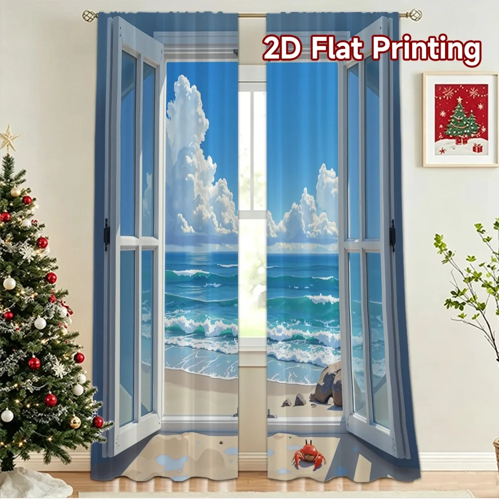 2D flat 2pcs Curtain Retro Country Style Open Ocean View Digitally printed polyester Holiday Decorations Use for Holiday
