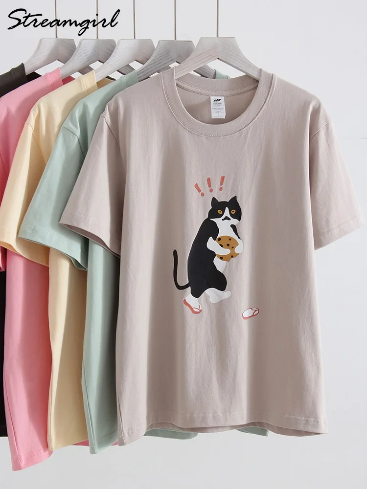 Streamgirl Cotton Graphic T Shirts Women Summer 2024 Cats Print Short Sleeve Loose Pink Tops Basic T-shirts Women Top Tees