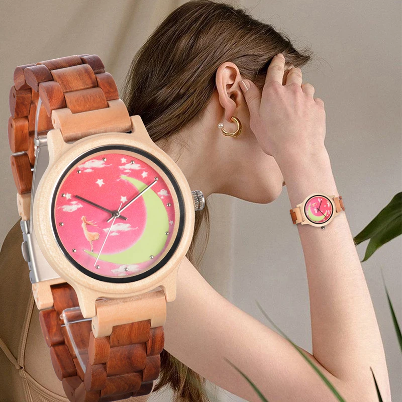 Orologio in legno per donna Design unico orologio da polso leggero a vento orologi Casual e alla moda con cinturino in legno luminoso