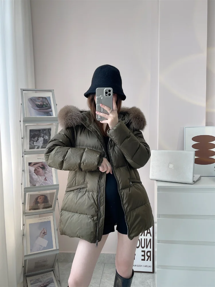 

Women's Hooded Down Jacket with Fox Fur Collar, Casual Parka, Warm Coat, Thick, 90 Duck Down, Waisted, Fashion, Winter