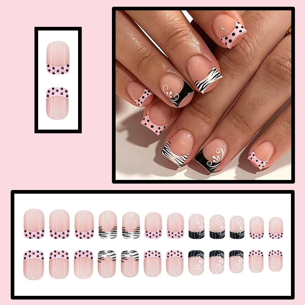 24 Stück Aufklebenägel Schwarz Weiß Gepunktet Kurze Quadratische Künstliche Fingernägel Vollständige Abdeckung Acryl-Nagelspitzen – Detail 8